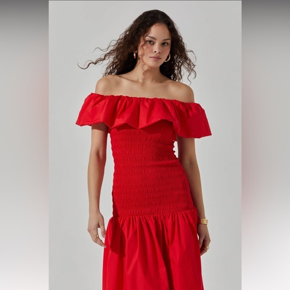 NWT ASTR The Label Off the Shoulder Cotton Red Ruffle Midi Dress Size Sm… - Picture 3 of 16